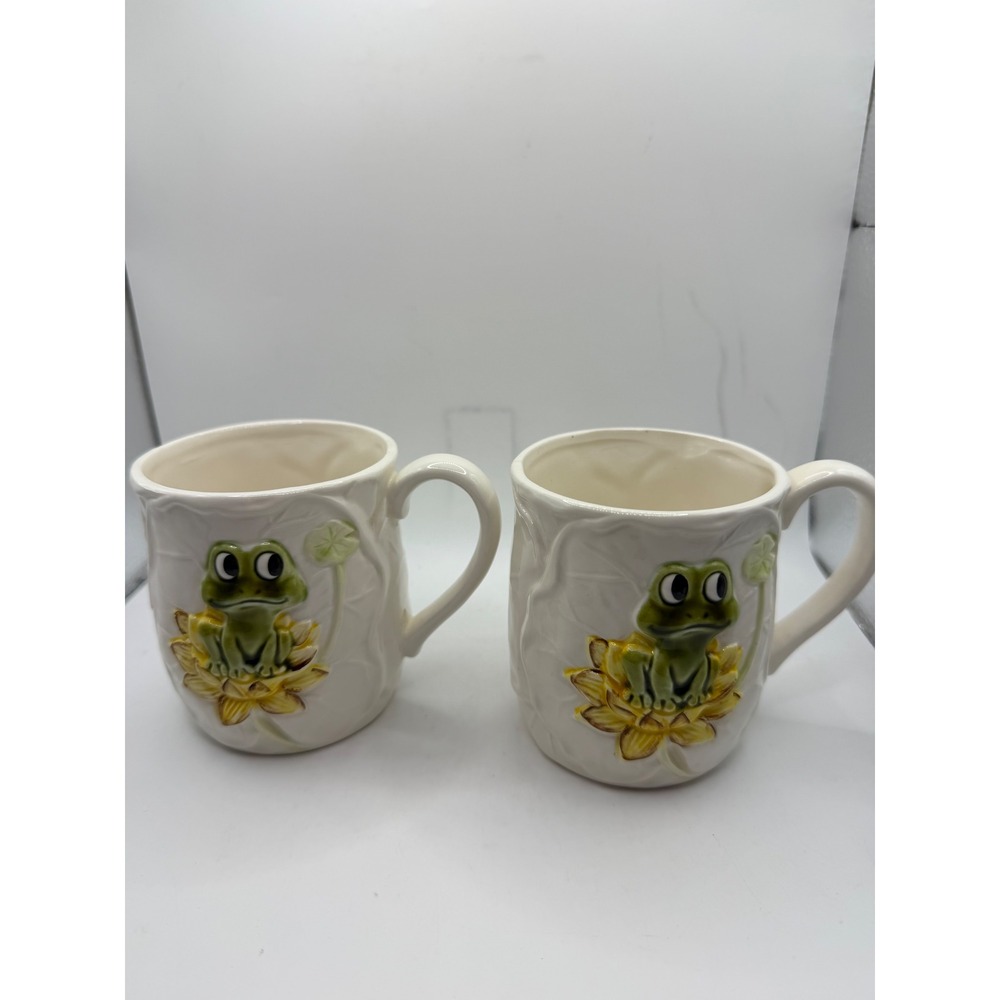 Vintage 1976 Sears Roebuck Frog Water Lily Mugs Japan Ceramic Set of 2 3D Relief